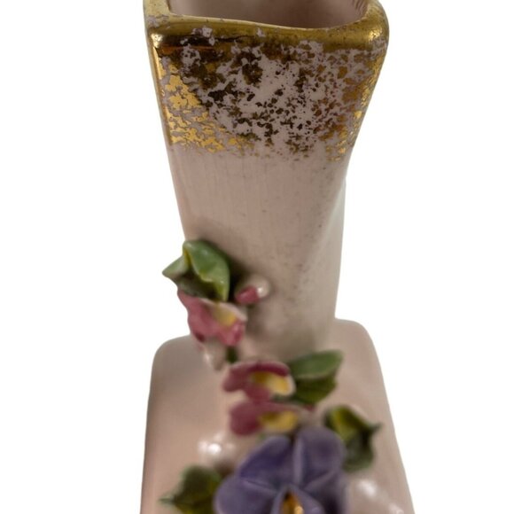 Vintage 1950s Set of 2 Pink/Gold Bud Vases w/ Applied Flowers Darvill LA Cali - Picture 6 of 13